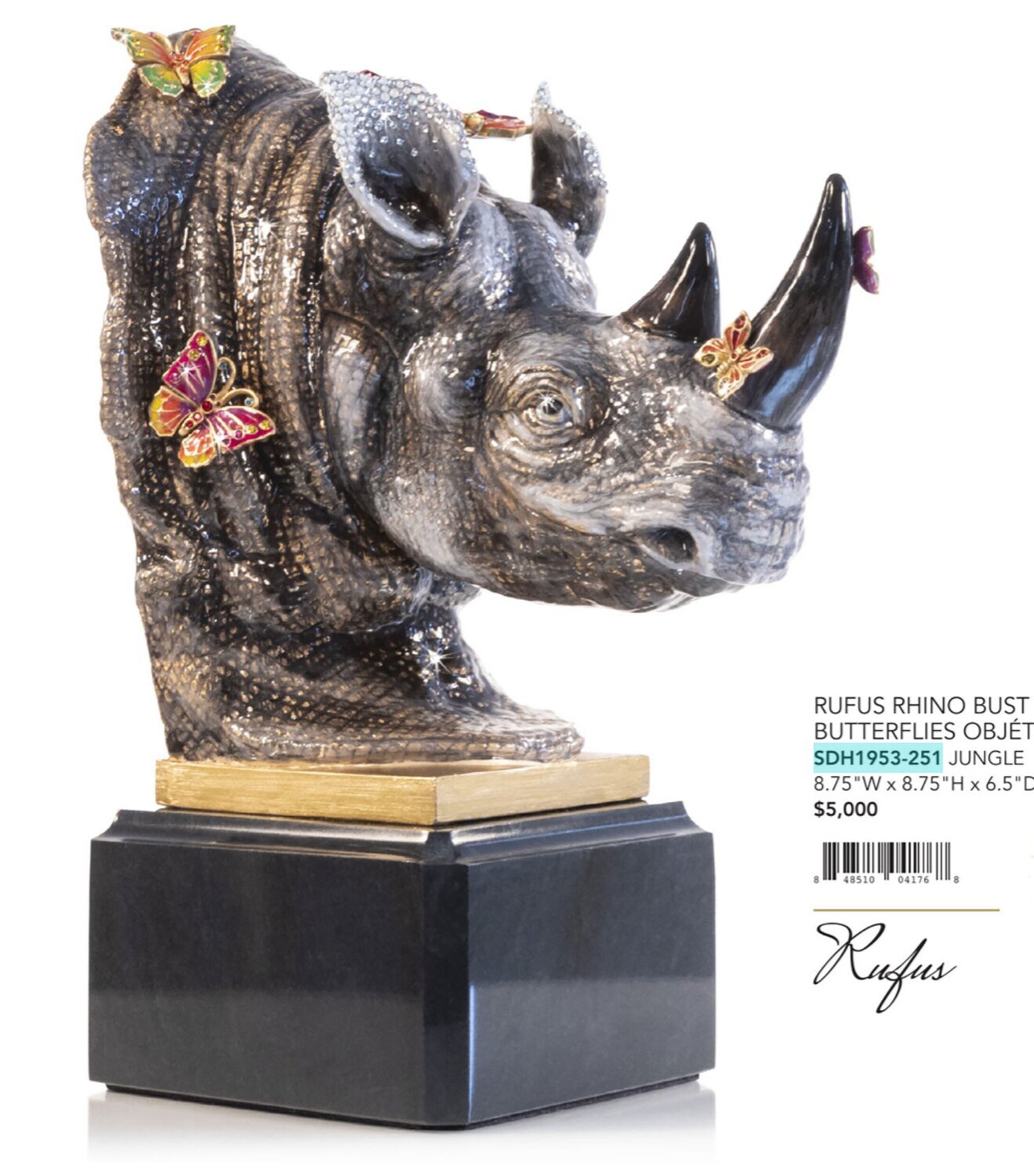 Jay Strongwater Rhino Rufus Bust With Butterflies Objet Figurine SDH1953-251