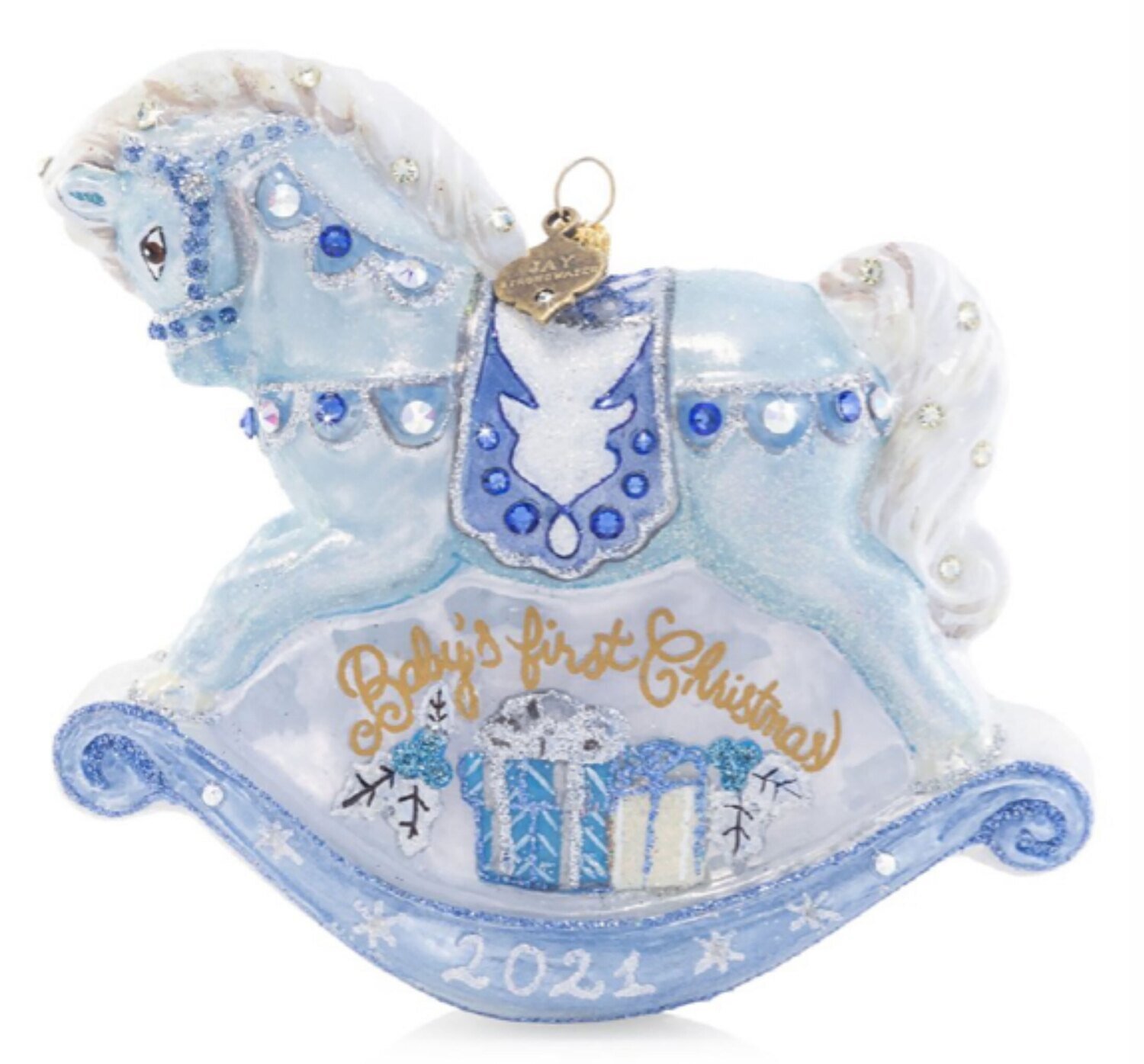 Jay Strongwater Baby's 1St Rocking Horse Blue Glass Ornament SDH20040-225