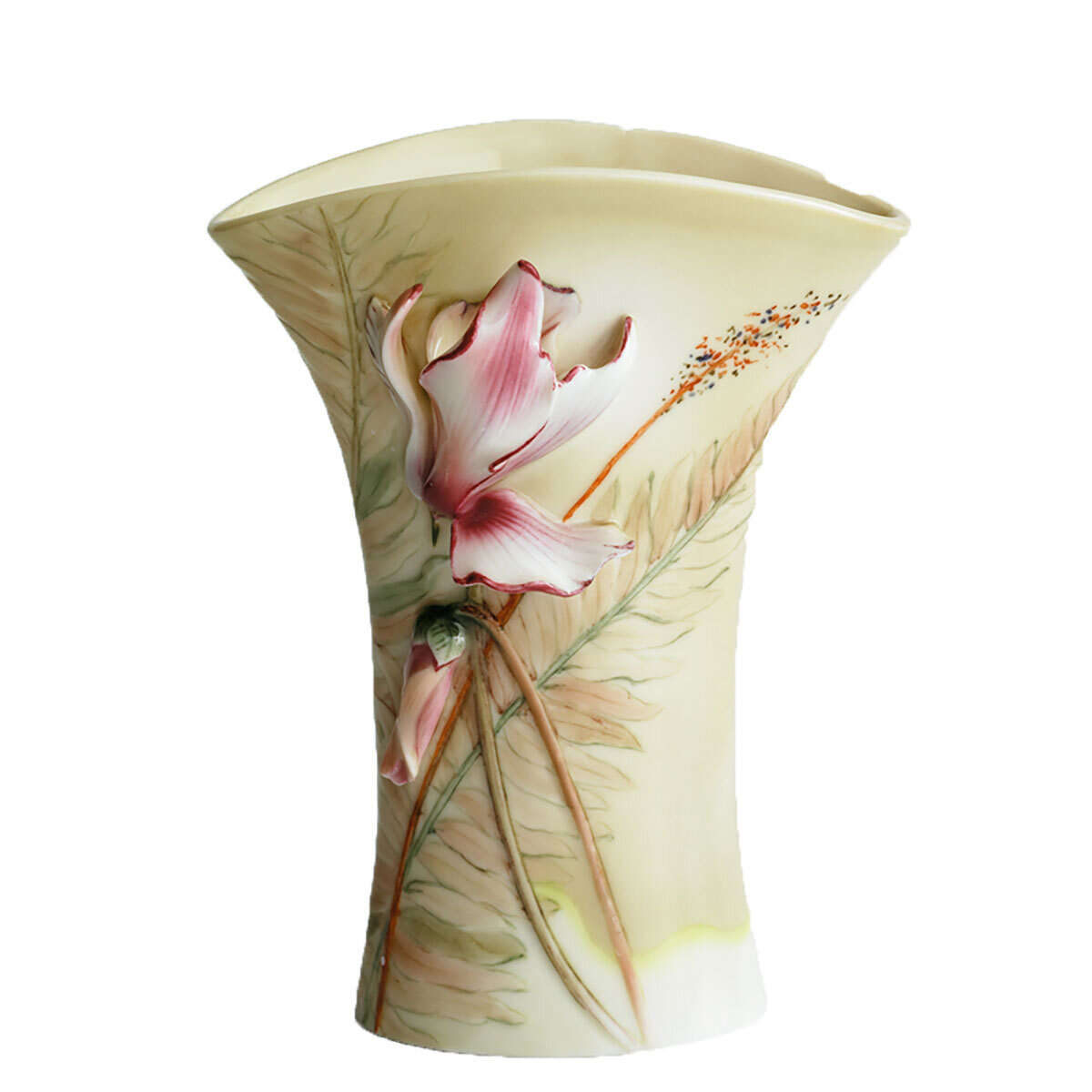 Franz Porcelain Cyclamen Flower Design Sculptured Small Vase 6"H FZ00968