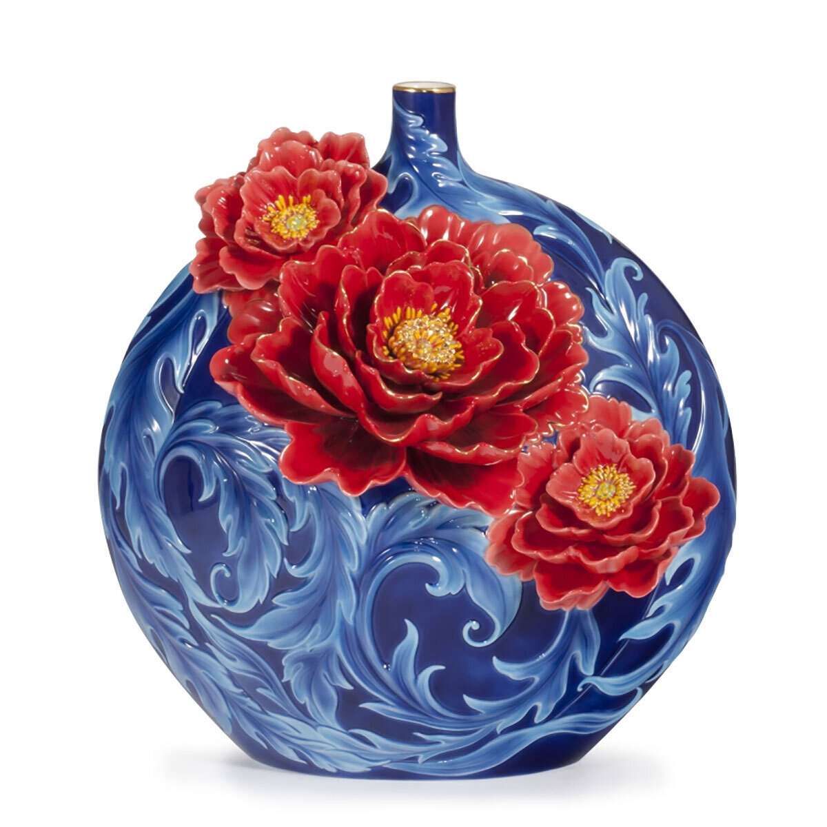 Franz Porcelain Blossom Of Peony Design Sculptured Vase With Wooden Base Limited Edition FZ03887