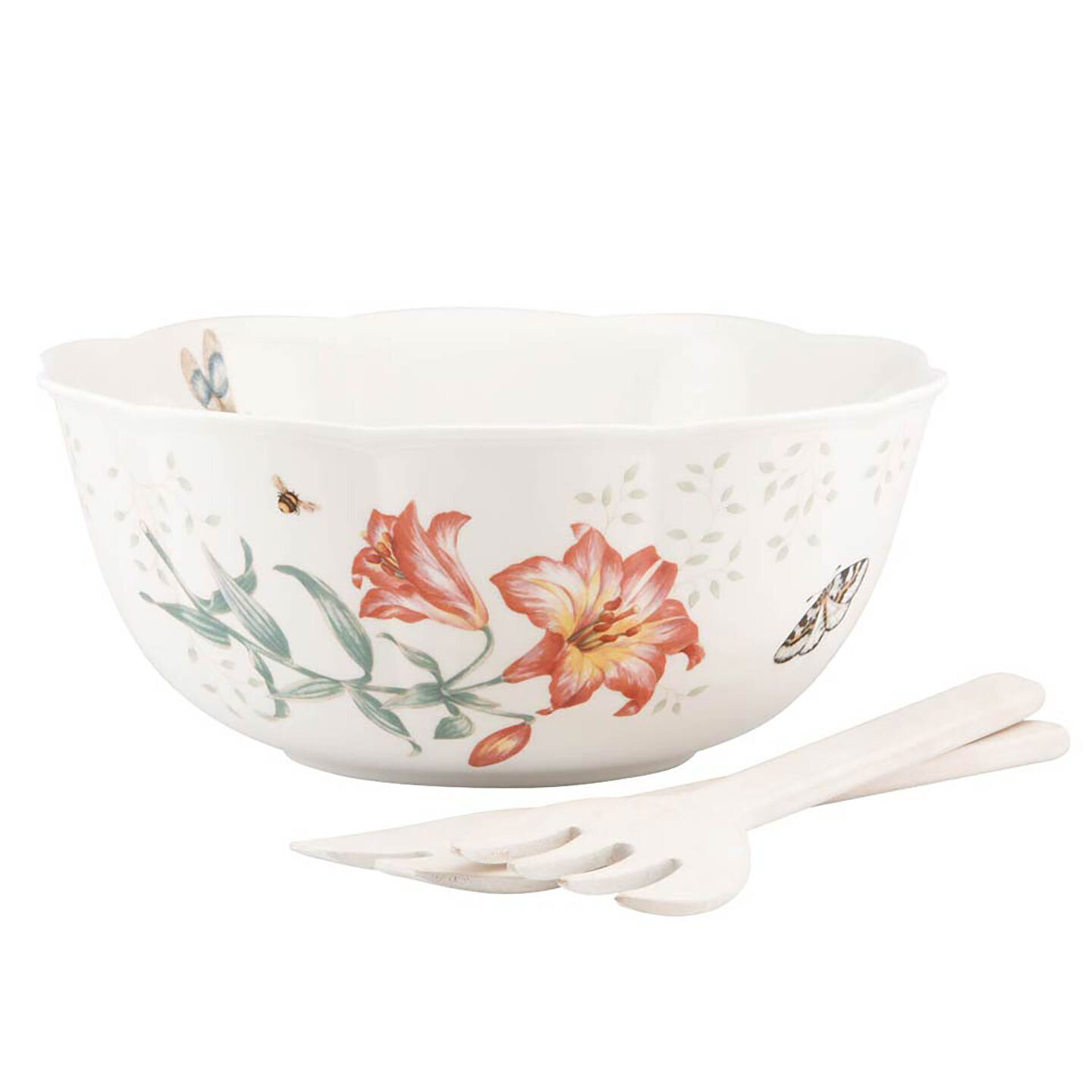 Lenox Butterfly Meadow Salad Bowl With Wood Servers 3-Piece Set 820581