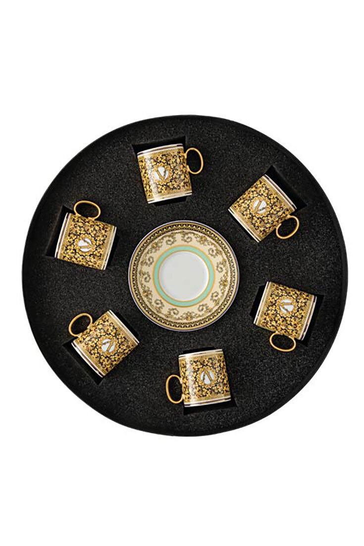 Versace Barocco Mosaic Set Six AD Cup & Saucers Round Hat Box