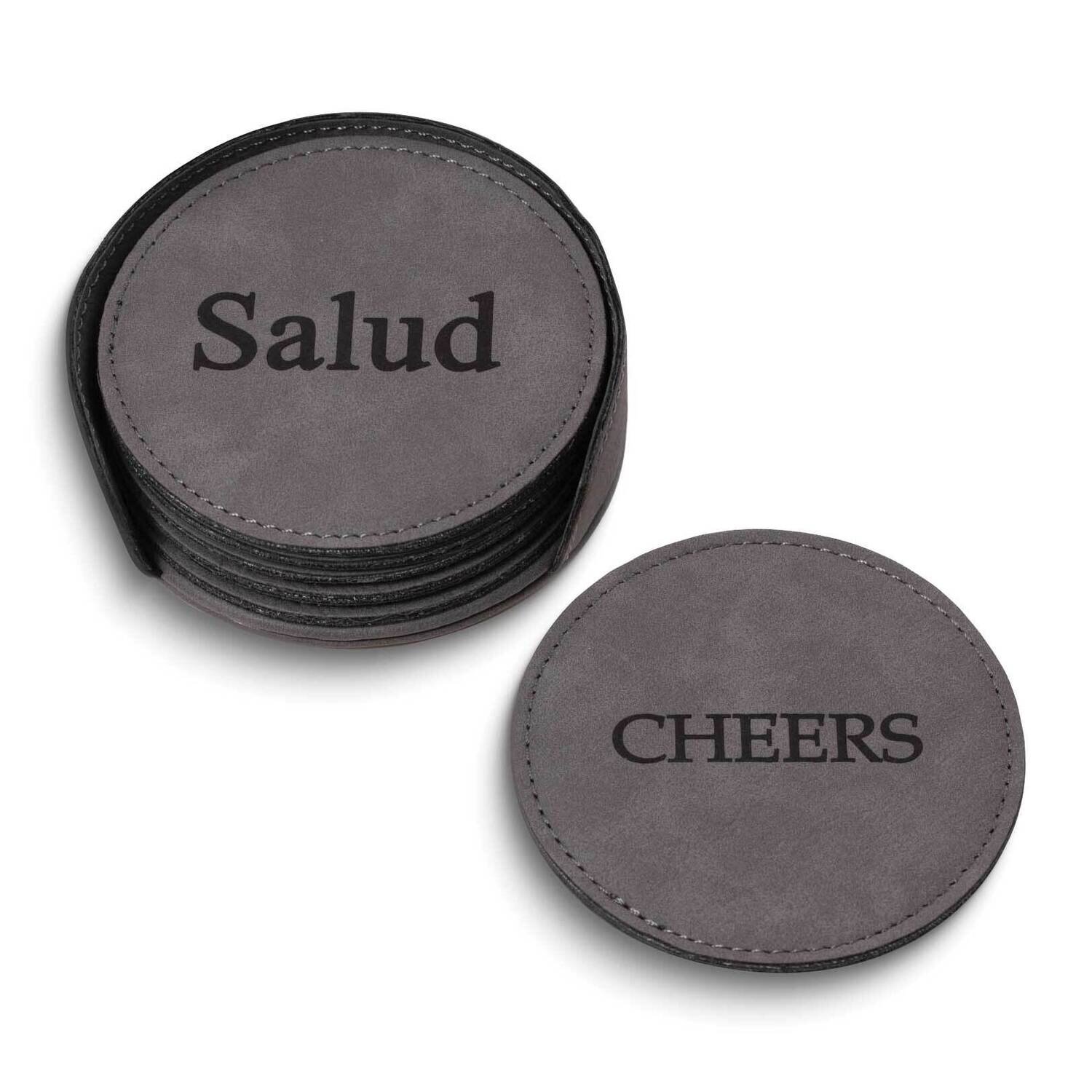 Cheers In 6 Languages Grey Leatherette Six Coaster and Holder Set GM24189