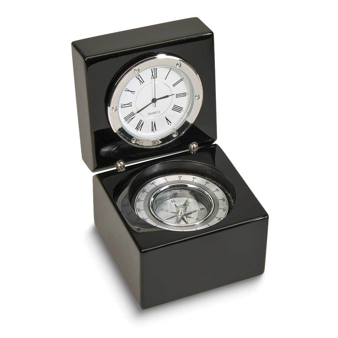 Black Wood Square Box With Clock and Compass GM24031