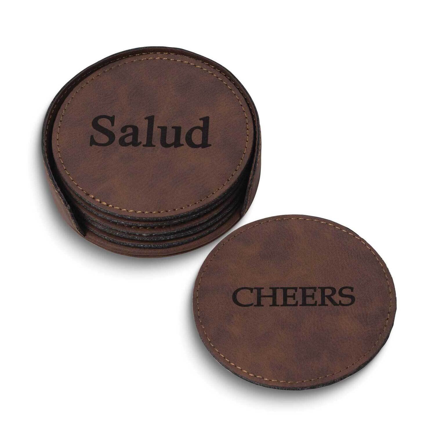 Cheers In 6 Languages Brown Leatherette Six Coaster and Holder Set GM24191