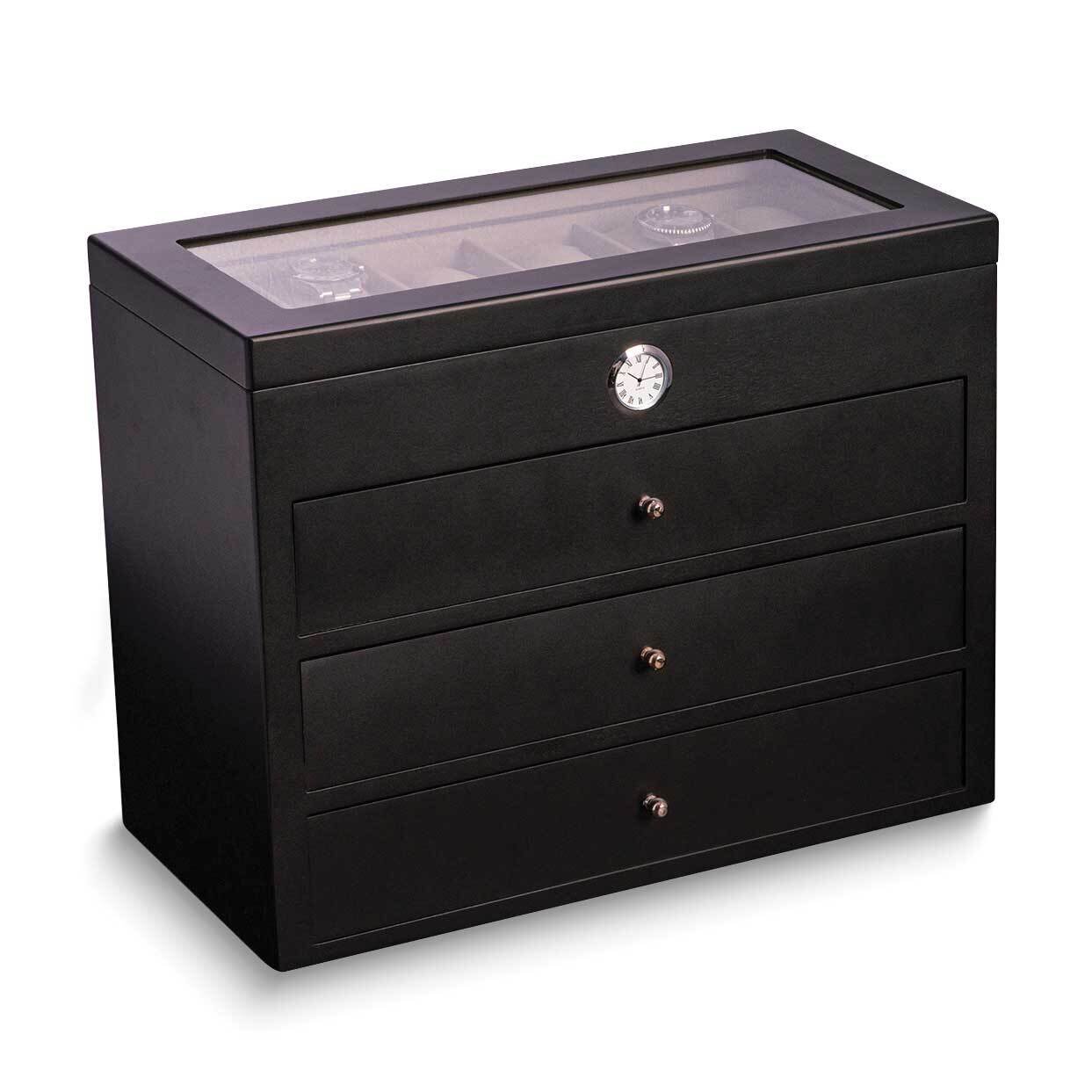 Matte Black Finish with Clock 3-Drawer Wooden 48-Watch Box GM24141BK, MPN: GM24141BK, 797140137863