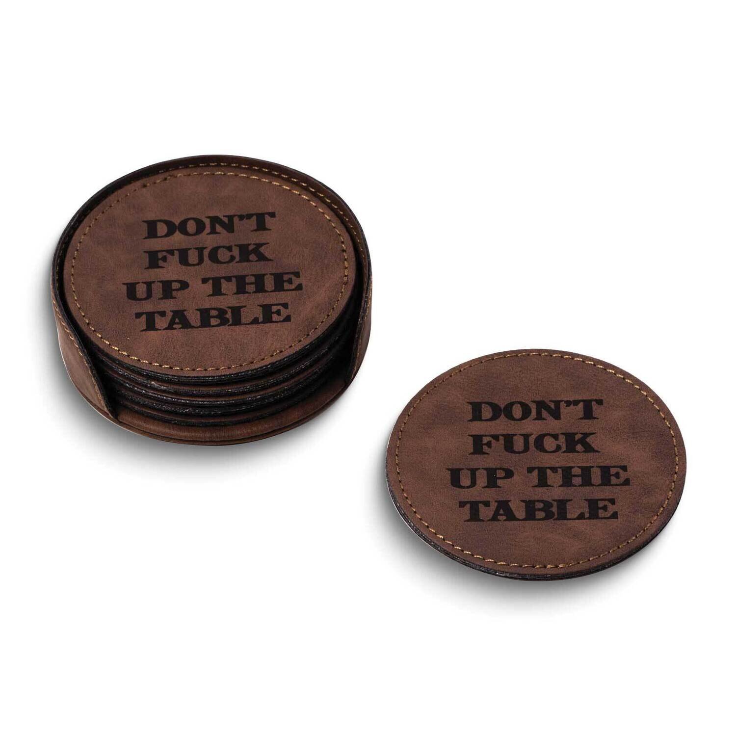 Don't F Up The Table Brown Leatherette Six Coaster and Holder Set GM24192