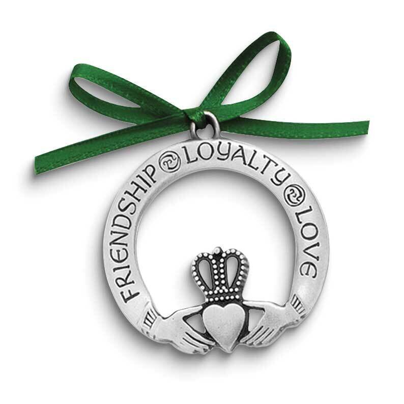 Friendship Loyalty Love Claddagh Silver-tone Green Ribbon Ornament GM24262