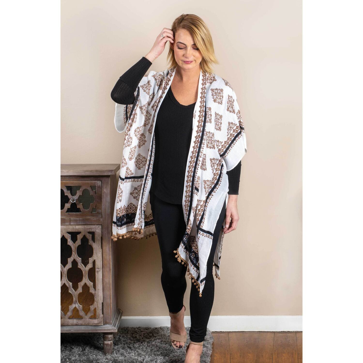 Tan and Black Tasseled Kimono GM24518, MPN: GM24518, 603799011082
