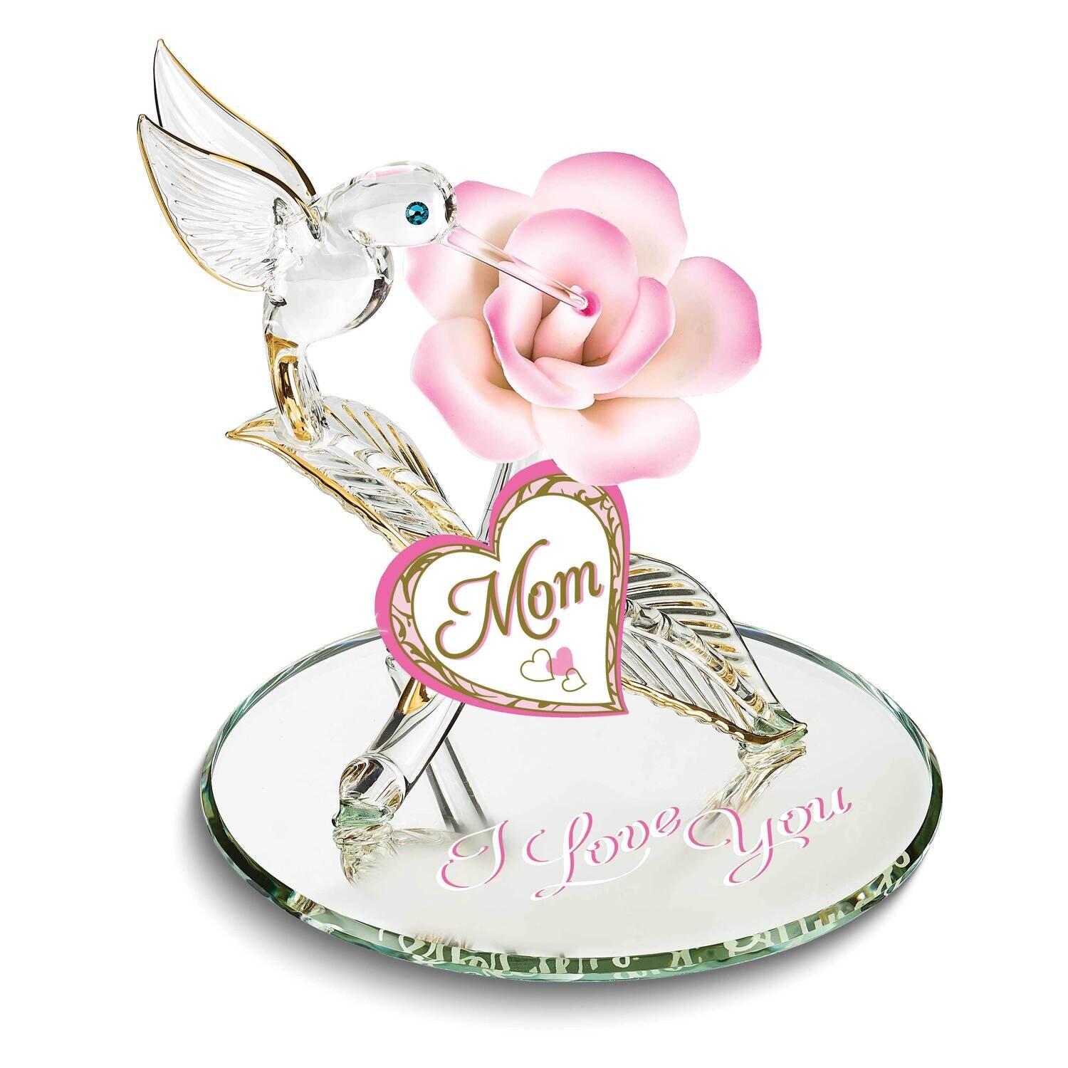 Glass Baron MOM I LOVE YOU Flower with Hummingbird Glass Figurine GM24966