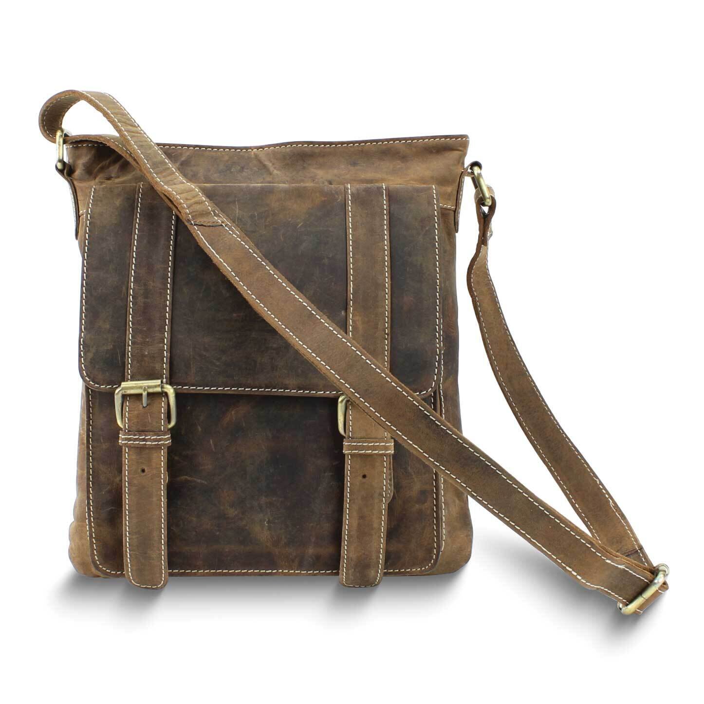 Distressed Brown Leather Double Buckle Crossbody Bag GM25067