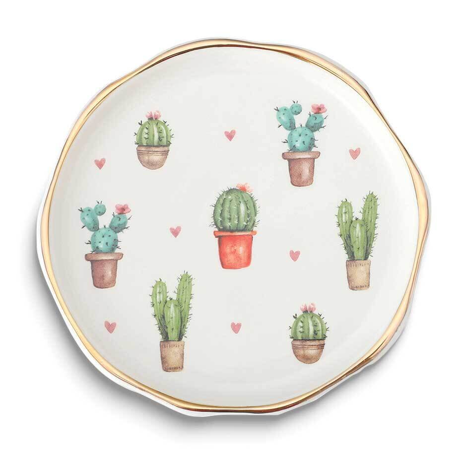 White with Gold-tone Cactus Round Ceramic Trinket Dish GM25228, MPN: GM25228, 788089166434
