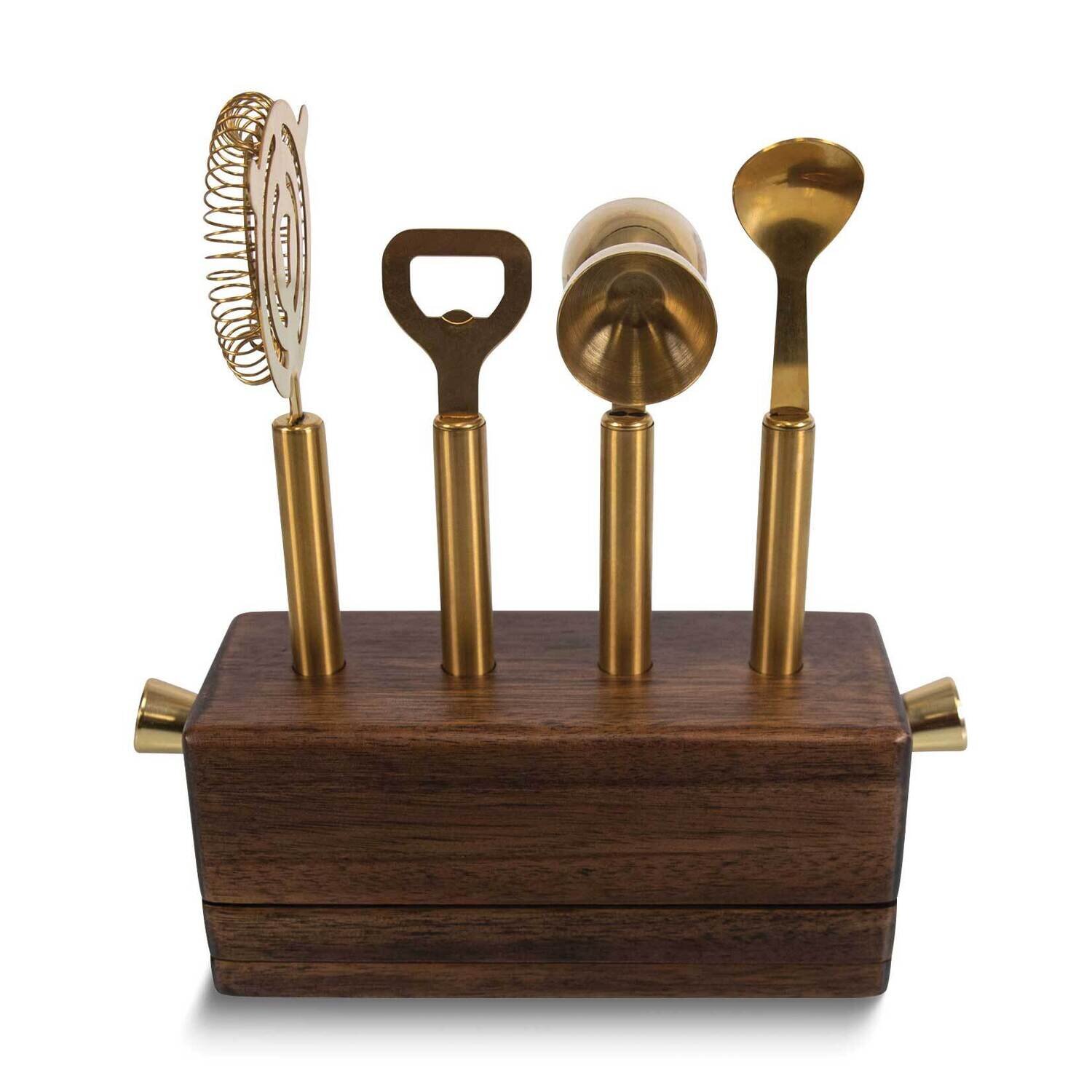 Brass-toned Metal and Acacia Wood 5 Piece Sidecar Bar Tool Set GM25034, MPN: GM25034, 99967483087