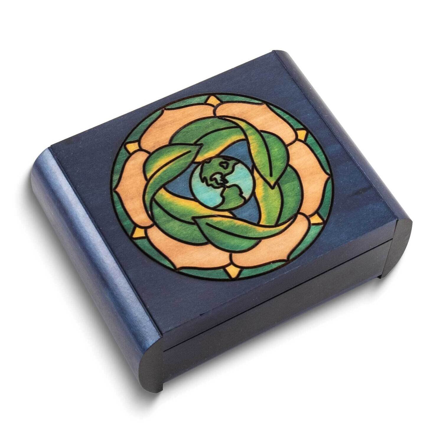 Blue Floral Earth Carved and Painted Wooden Puzzle Box GM25143