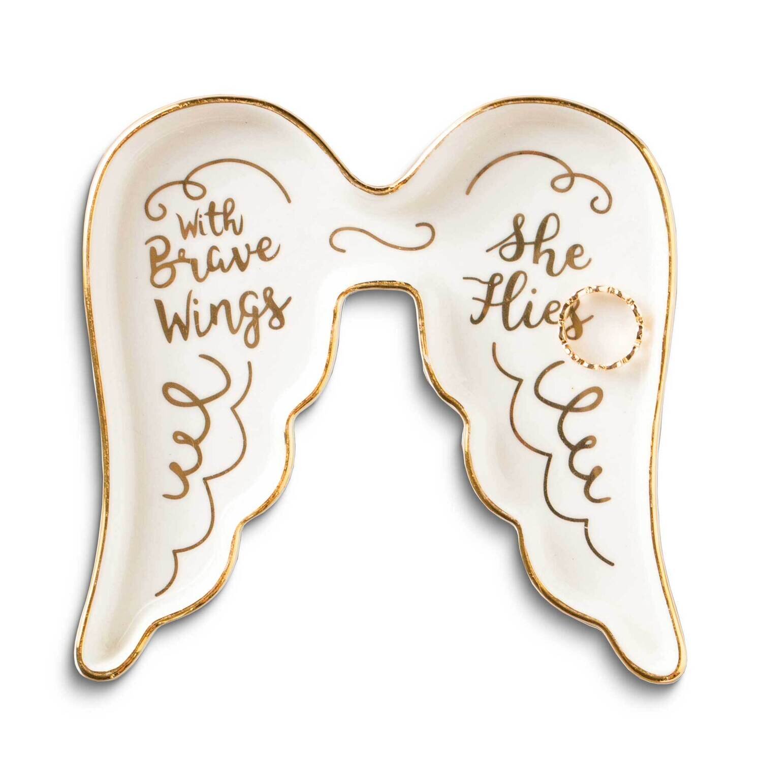 White with Gold-tone WITH BRAVE WINGS SHE FLIES Ceramic Trinket Dish GM25213