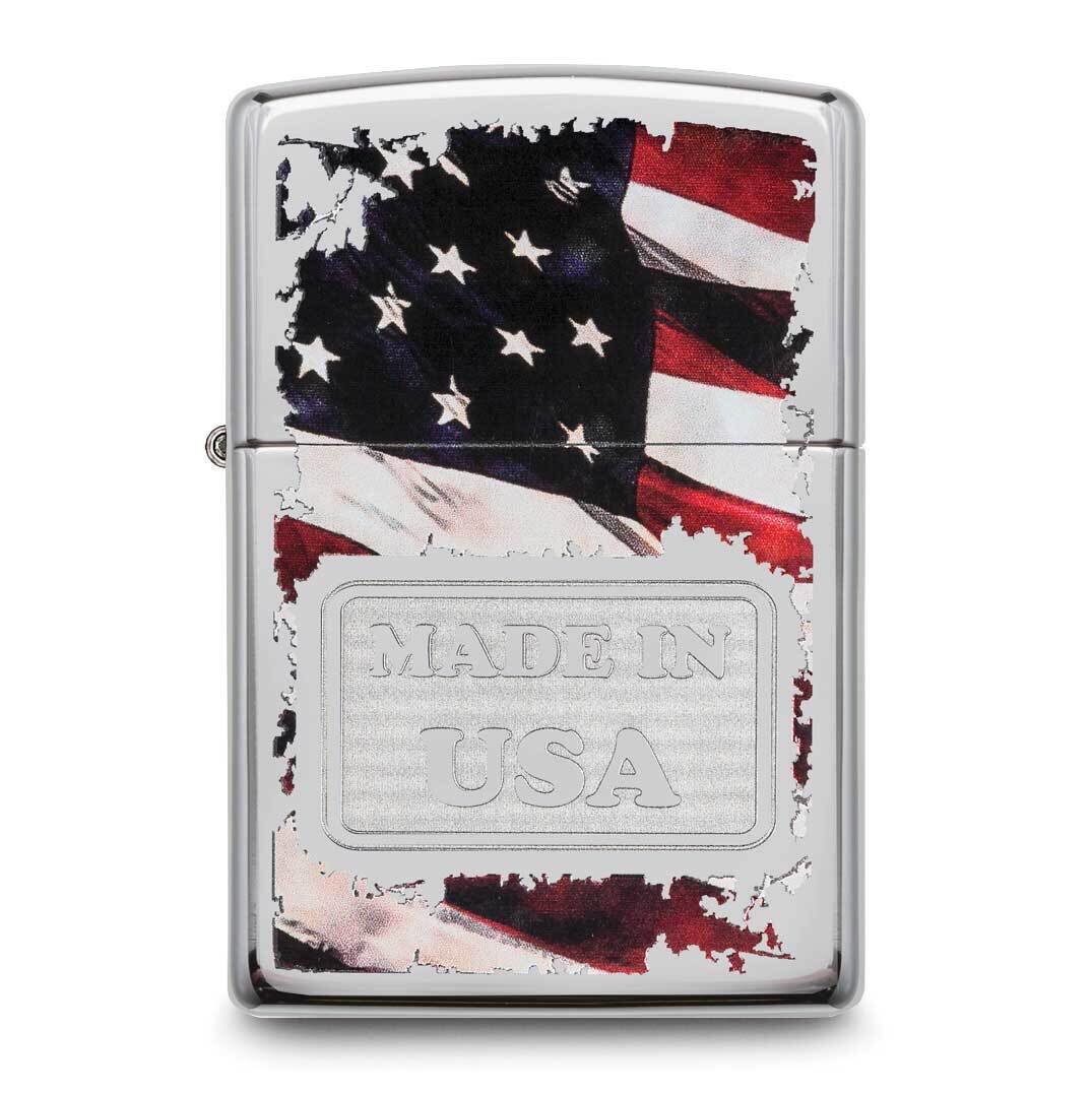 Zippo High Polish Chrome Made In USA Flag Lighter GM25871, MPN: GM25871, 191693054491