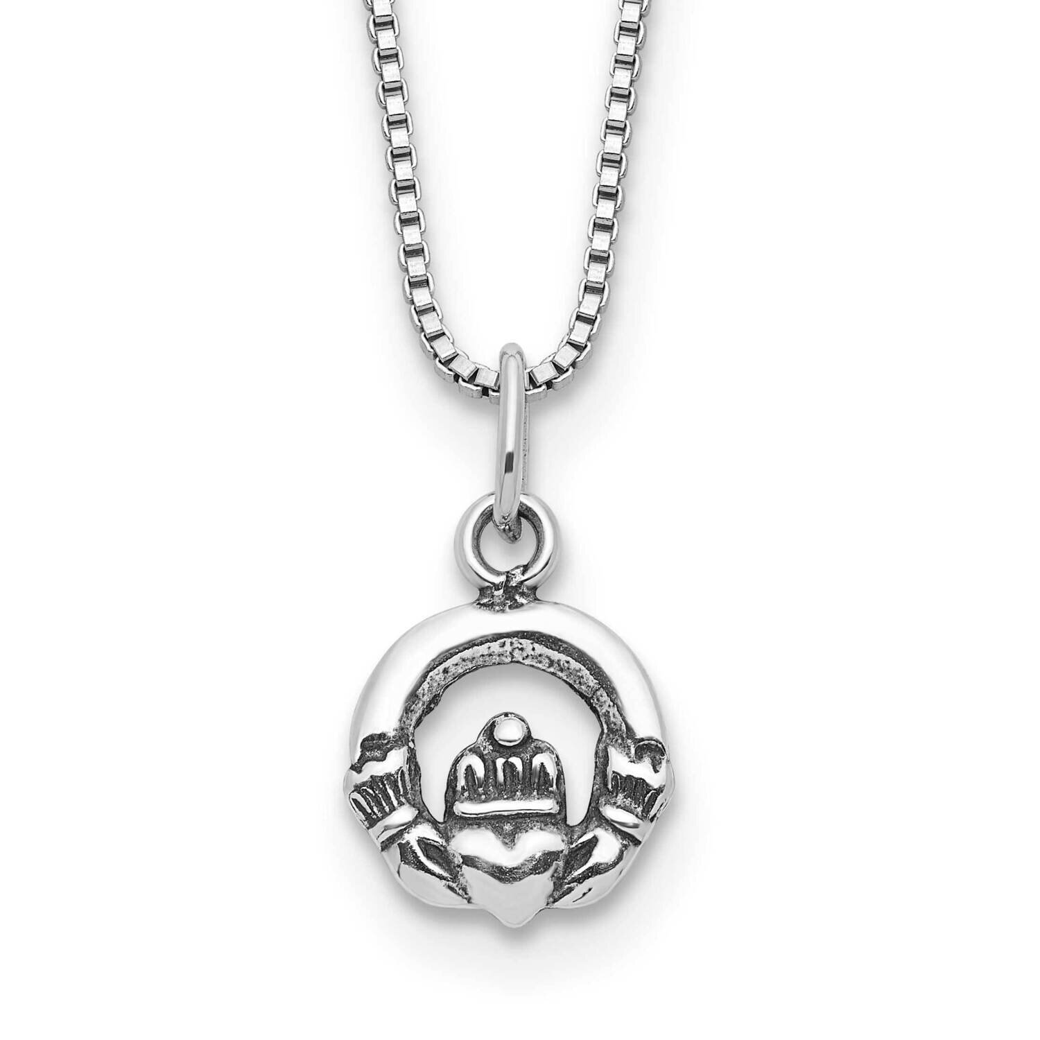 Sterling Silver Mini Antiqued Claddagh 14 Inch Necklace with Pink Gift Pouch GM26091