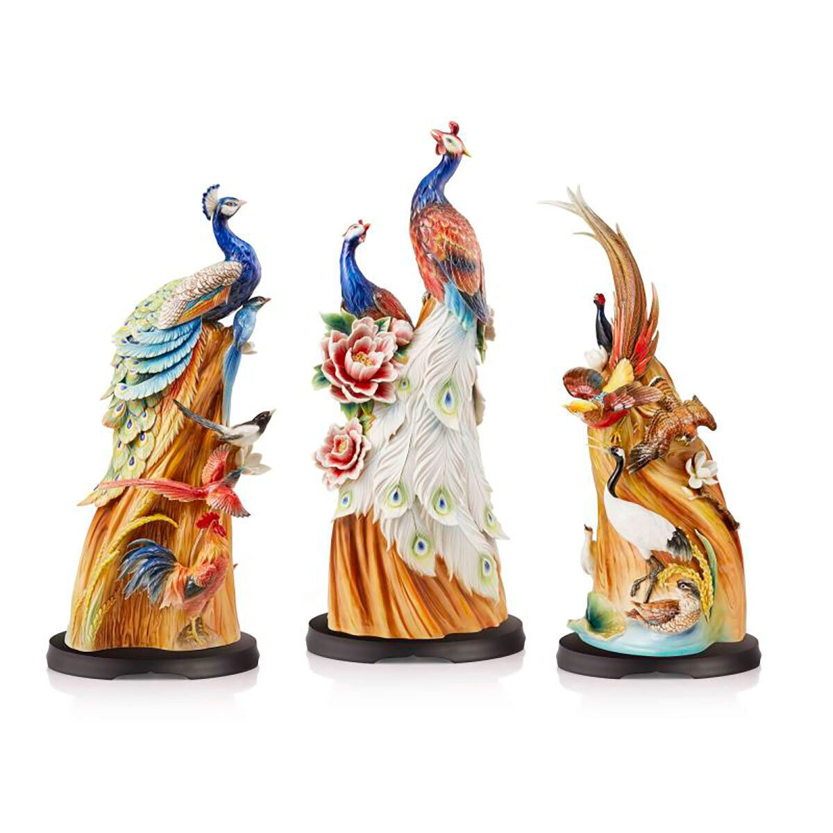 Franz Porcelain A Hundred Of Birds Paying Homage To The Phoenix Design Sculptured Porcelain Figurines With Wooden Base Set of 3 FZ03771