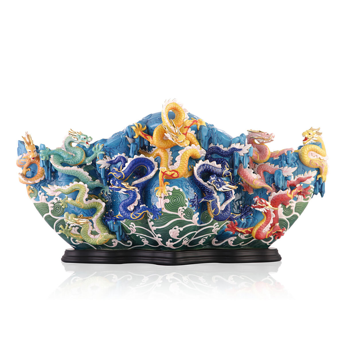Franz Porcelain The Mighty Dragon Design Sculptured Porcelain Vase With Wooden Base FZ03415