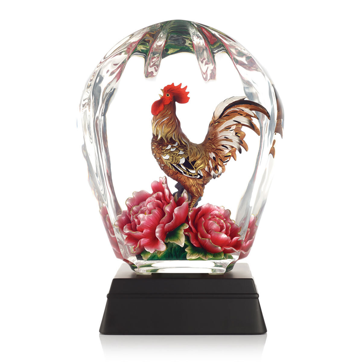 Franz Porcelain Glad Tidings From Rooster Design Lucite Figurine With Wooden Base FL00132