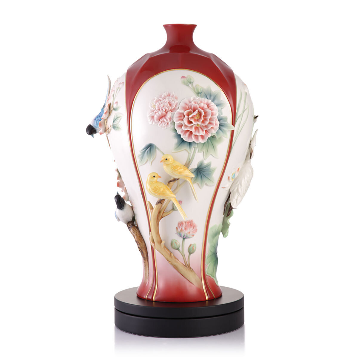 Franz Porcelain Blessings,Wealth,Longevity And Happiness Design Sculptured Porcelain Vase With Wooden Base FZ03301