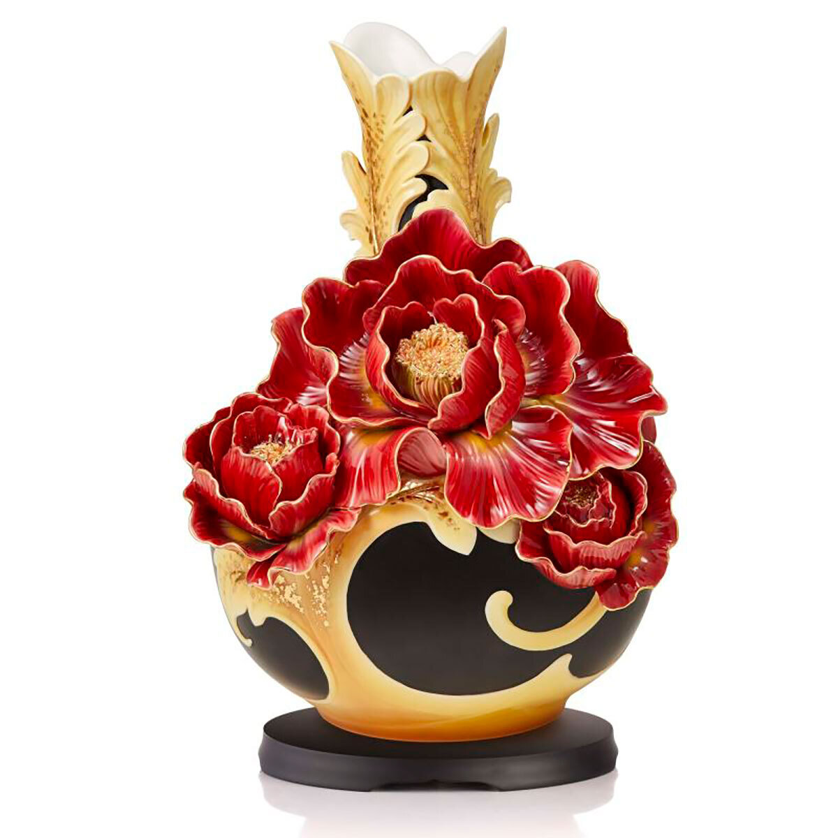 Franz Porcelain Striking Vermillion Peony Flower Design Sculptured Porcelain Round Vase With Wooden Base FZ03765