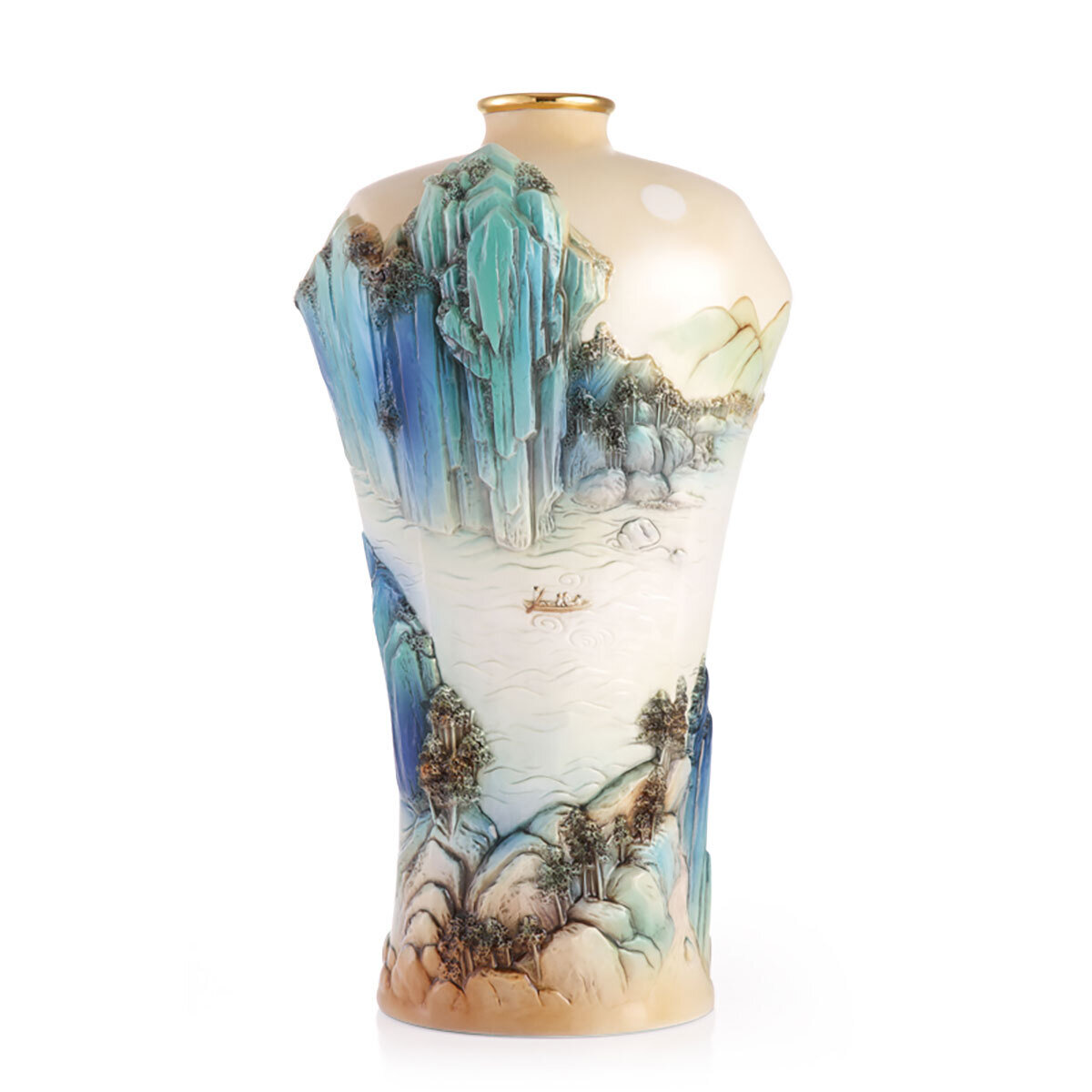 Franz Porcelain The Red Cliffs Design Sculptured Porcelain Vase With Wooden Base FZ03389