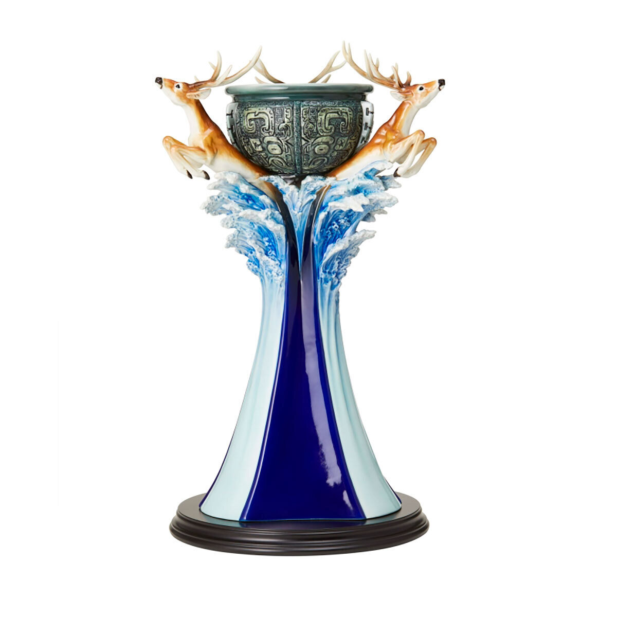 Franz Porcelain Golden Age Deer Design Sculptured Porcelain Vase With Wooden Base FZ03868