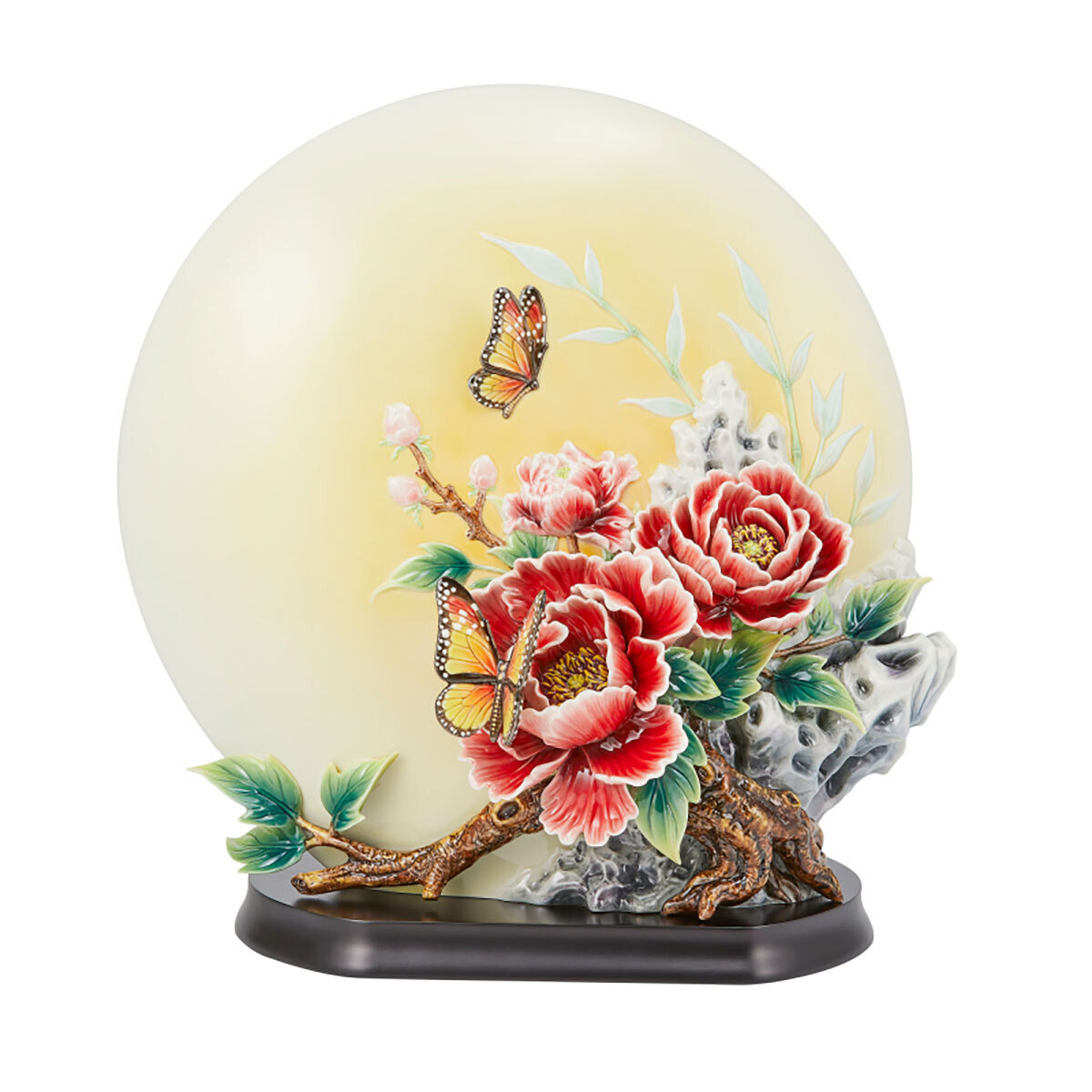 Franz Porcelain Welcoming Happiness Peony And Butterfly Design Sculptured Porcelain Figurine With Wooden Base FZ03836
