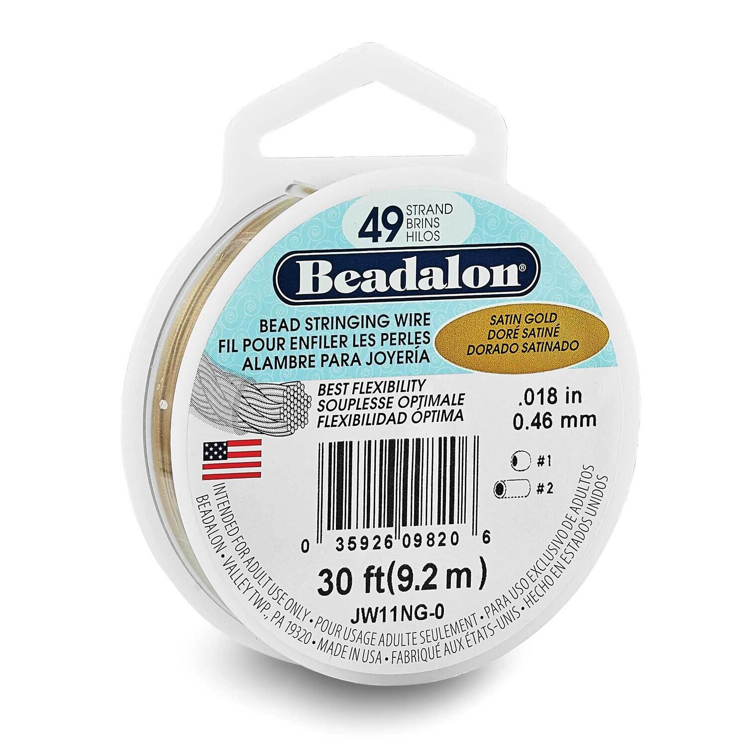 Beadalon 49 Satin Gold Color .018in Diameter 30 Feet Strand Wire CRD854/18