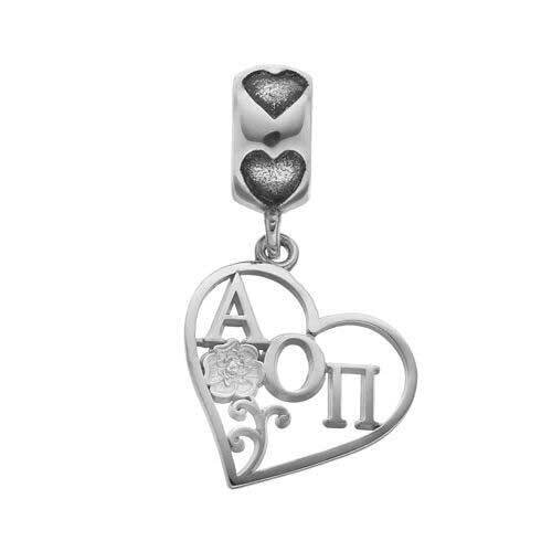 Ster. Silver Alpha Omicron Pi Heart Dangle Charm Bead Braided Brace AOP003BD2B1-SS