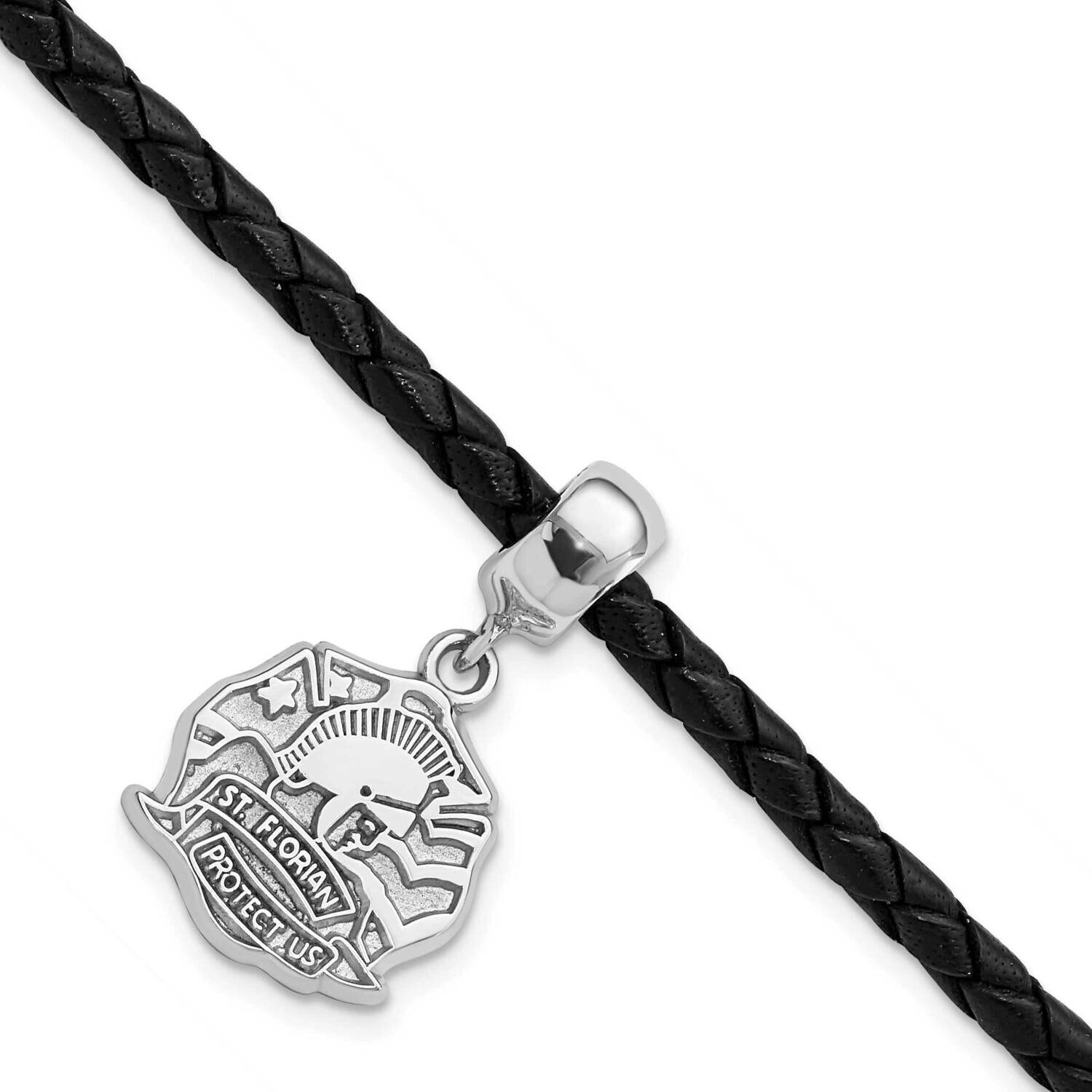 Polished St. Florian Dangle Bead Leather Bracelet Sterling Silver PBS039BDSSBR, MPN: PBS039BDSSBR, …