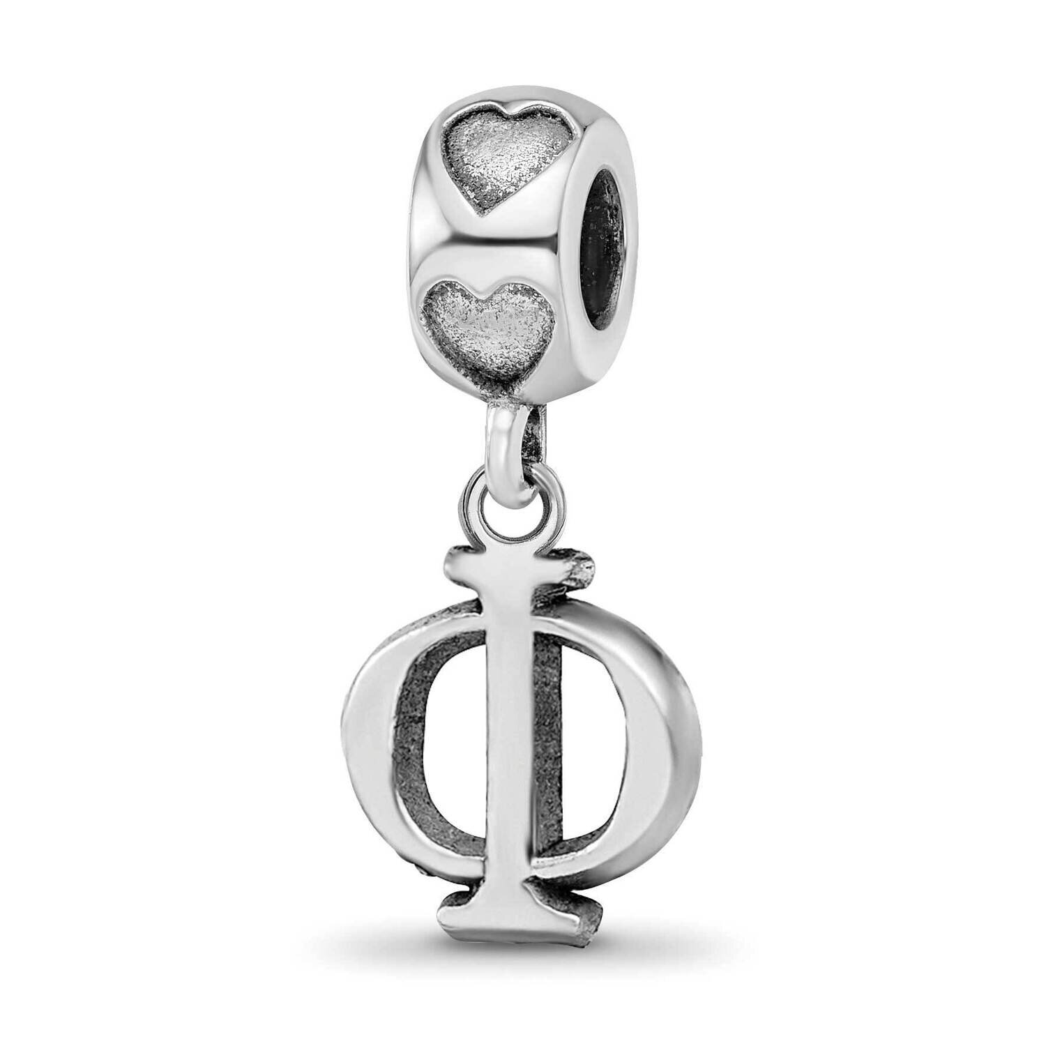 Phi Mu Vertical Letters on Heart Bead Sterling Silver Rhodium-plated PHM005BD2-SS