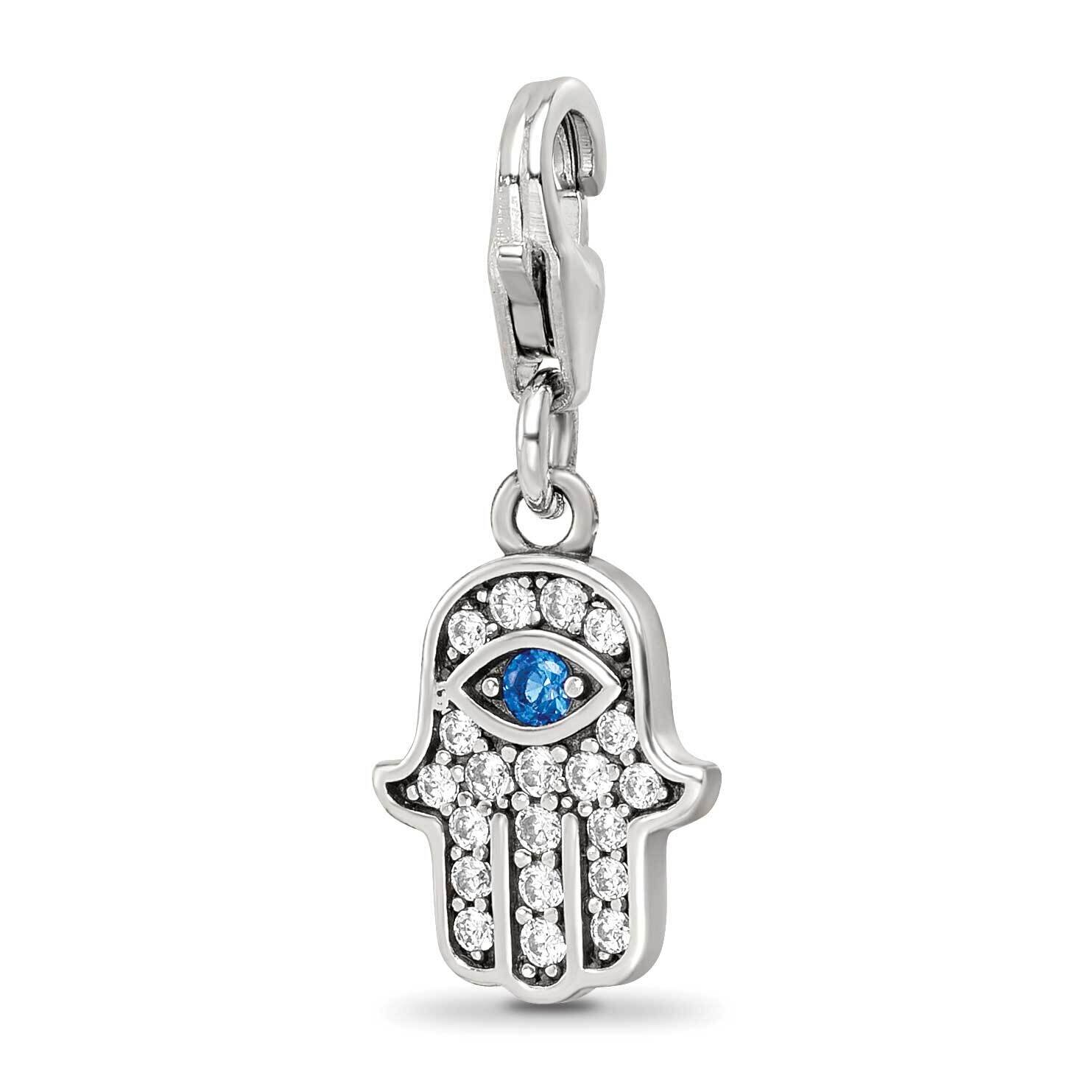 CZ &amp; Blue Spinel Hamsa/Chamseh Click-On Bead Sterling Silver Rhodium-plated QRS4150, MPN: QRS4150,