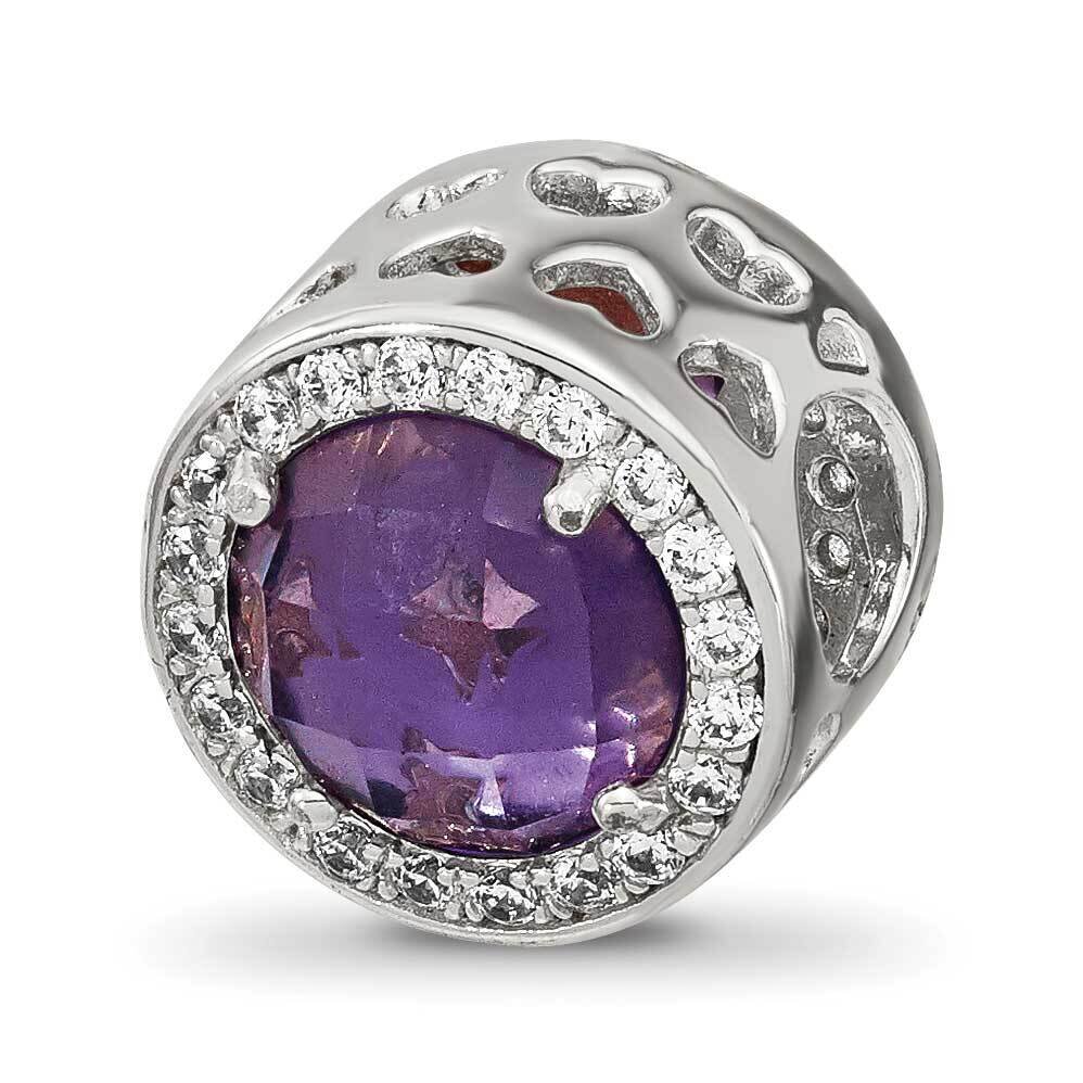 Purple Glass &amp; CZ Heart Bead Sterling Silver Rhodium-plated QRS4159, MPN: QRS4159,