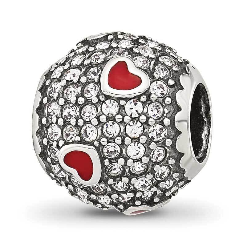CZ and Red Enamel Heart Round Bead Sterling Silver QRS4279
