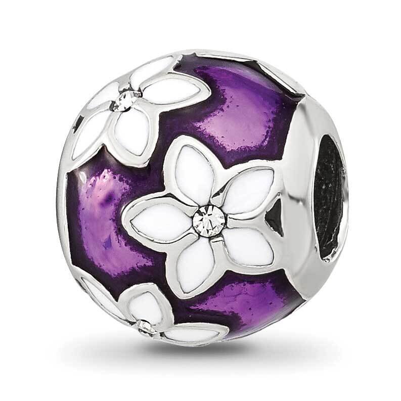 Purple and White Enamel and CZ Floral Bead Sterling Silver QRS4295, MPN: QRS4295,