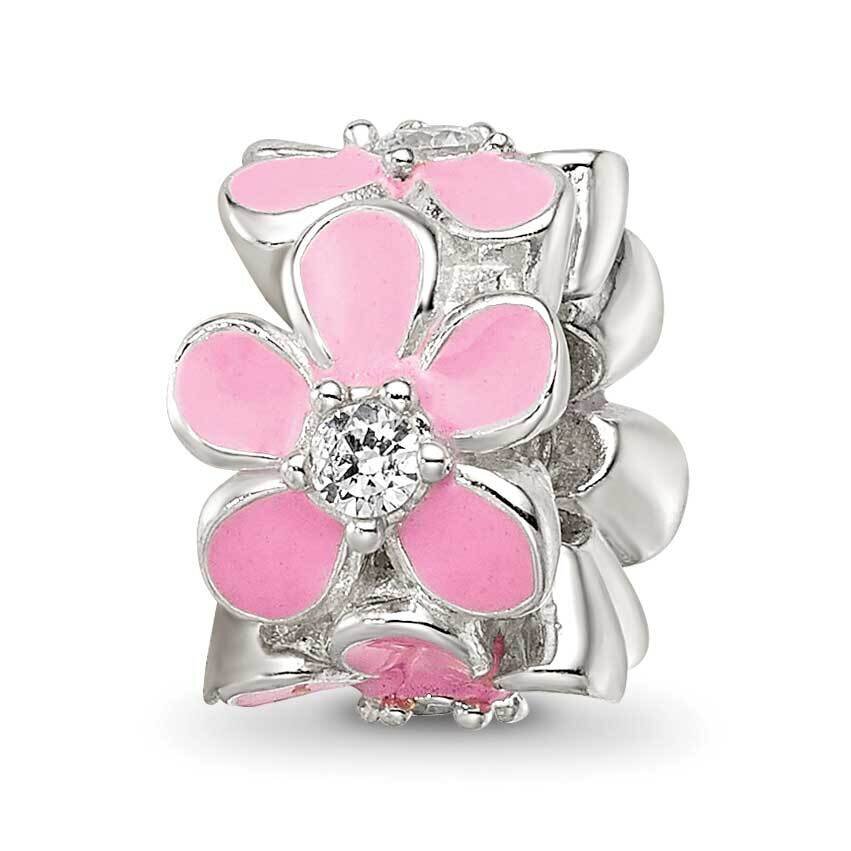 Pink Enamel CZ Floral Bead Sterling Silver QRS4247