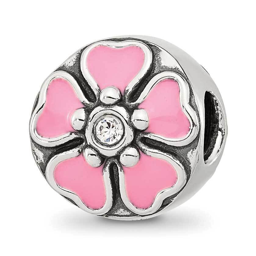 Pink Enamel and CZ Flower Bead Sterling Silver QRS4293