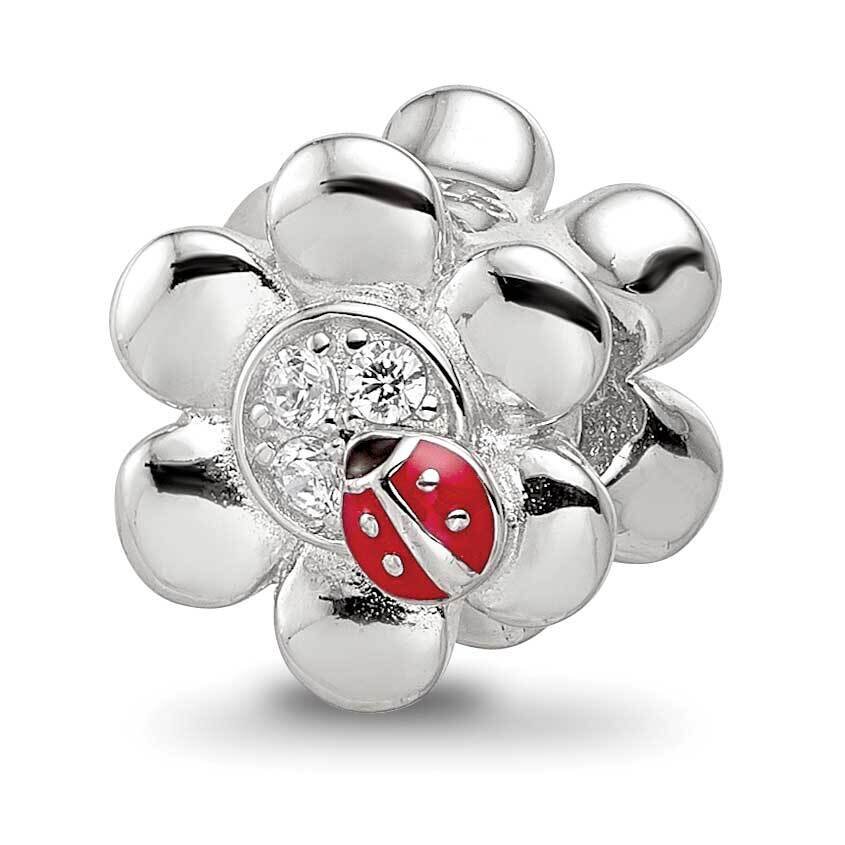 Enameled CZ Ladybug Flower Bead Sterling Silver Rhodium-plated QRS4185