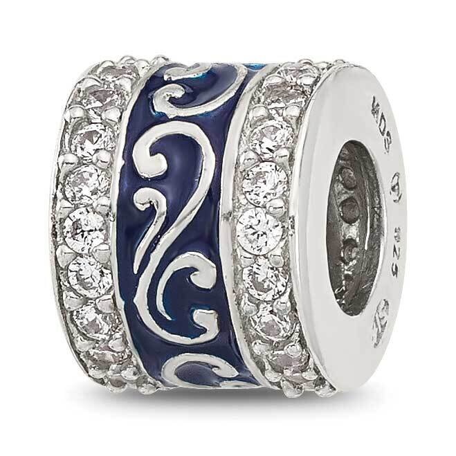 Polished CZ Blue Enameled Scroll Bead Sterling Silver QRS4357, MPN: QRS4357,