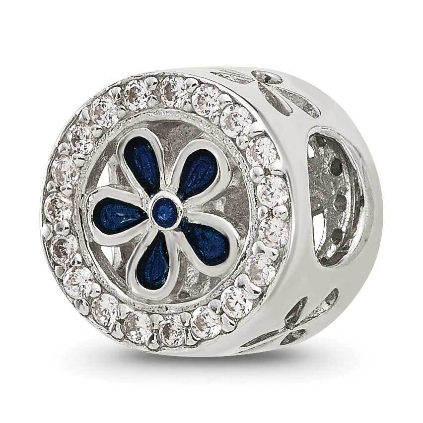 Polished CZ and Blue Enamel Flower Circle Bead Sterling Silver QRS4374, MPN: QRS4374,