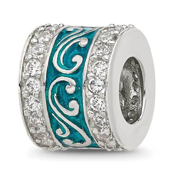 Polished CZ Teal Enameled Scroll Bead Sterling Silver QRS4358, MPN: QRS4358,
