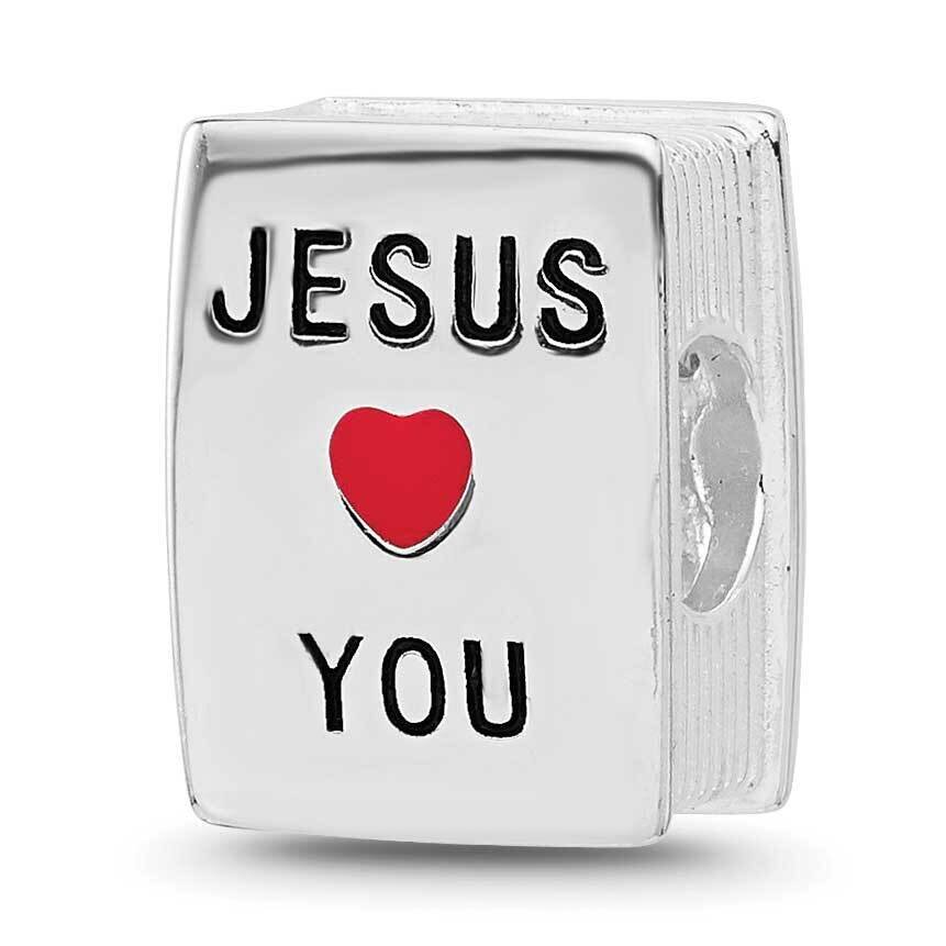 Enamel &amp;CZ CroJesus Loves You Square Bead Sterling Silver Rhodium-plated QRS4443, MPN: QRS4443,