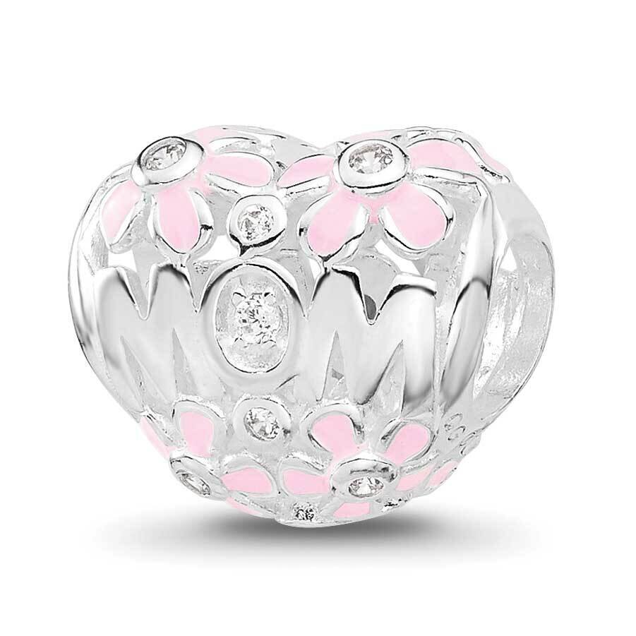 Pink Enamel CZ Floral Mom Heart Bead Sterling Silver Rhodium-plated QRS4448, MPN: QRS4448,