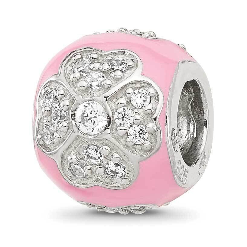 CZ Pink Enameled Round Floral Bead Sterling Silver QRS4343, MPN: QRS4343,