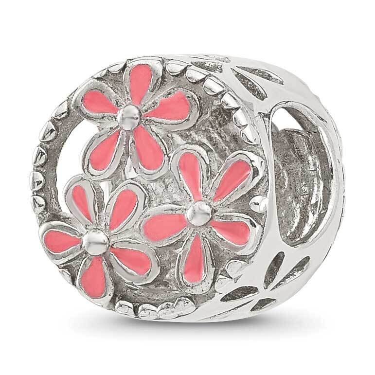 Pink Enameled Floral Circle Bead Sterling Silver QRS4355, MPN: QRS4355,