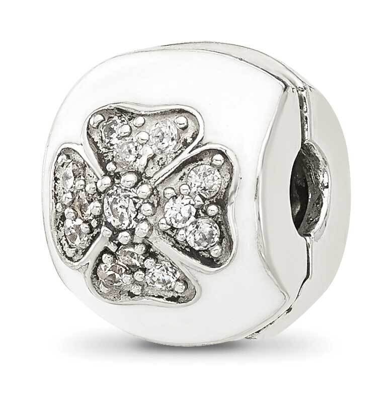 White Enamel and CZ Floral Clip Bead Sterling Silver QRS4408