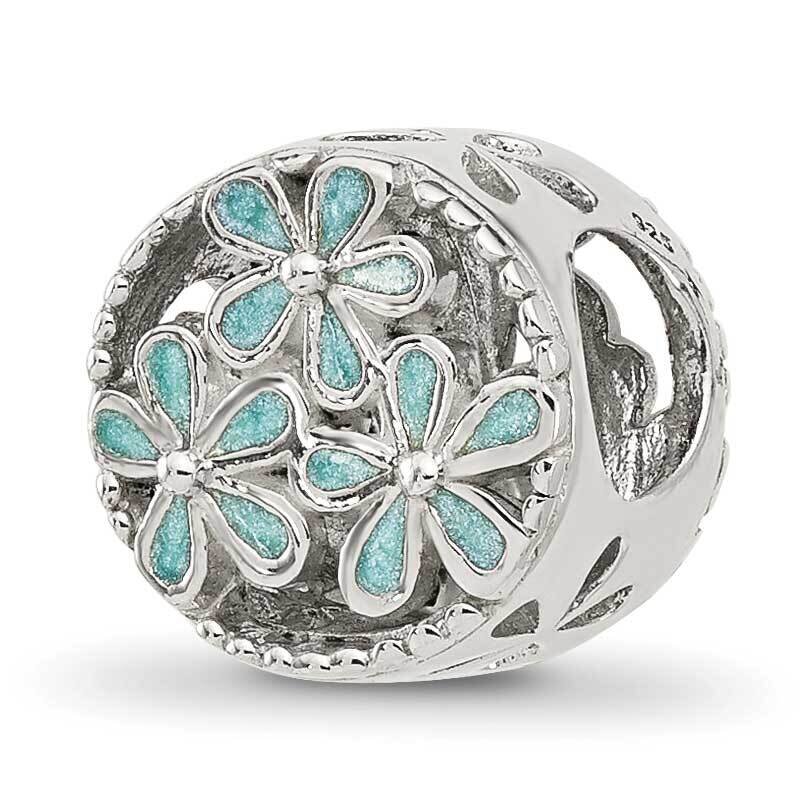 Light Blue Enameled Floral Circle Bead Sterling Silver QRS4422