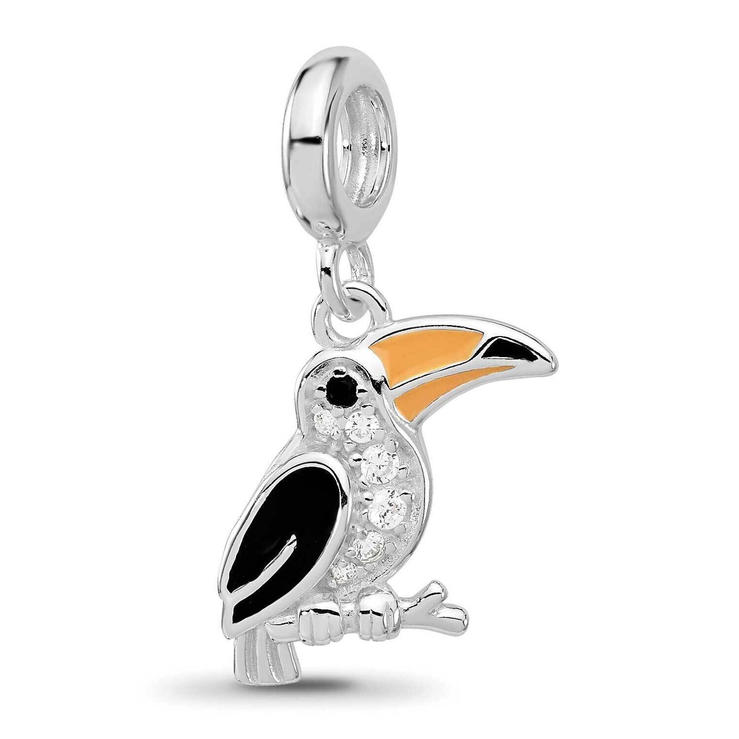 Enamel &amp; CZ Toucan Dangle Bead Sterling Silver Rhodium-plated QRS4457
